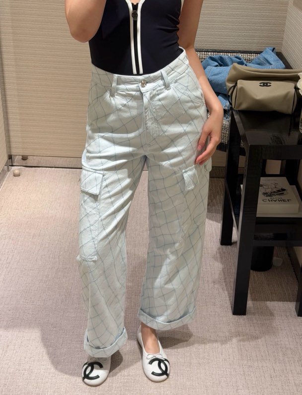 샤넬 퀼팅 워싱 와이드 데님 팬츠