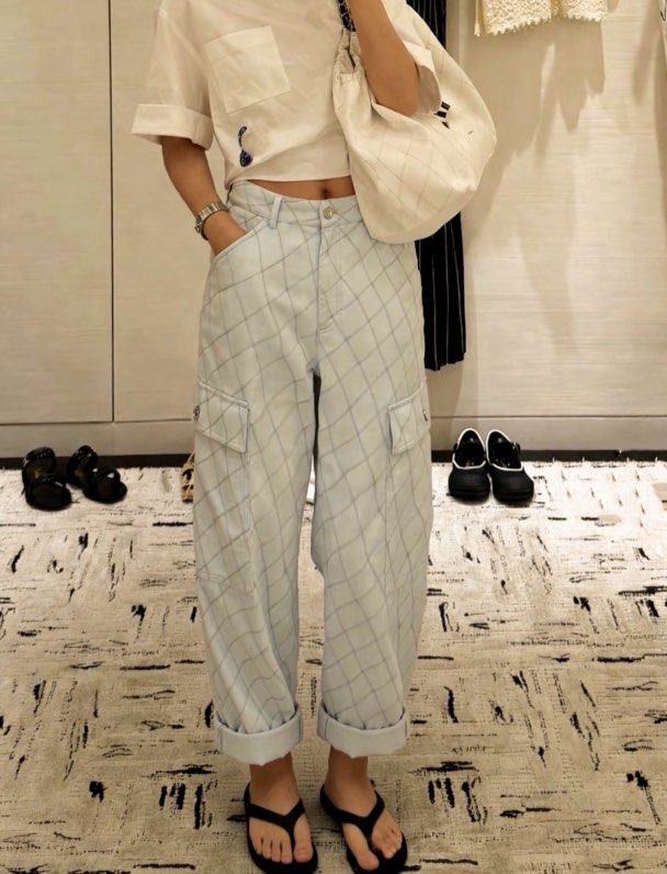샤넬 퀼팅 워싱 와이드 데님 팬츠