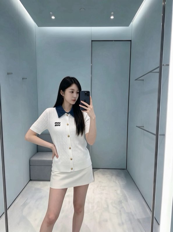 미우미우 데님 카라 니트 반팔 탑