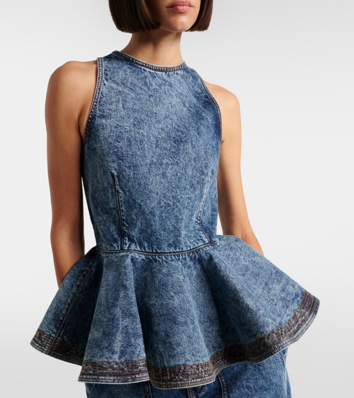 알라이아 워싱 데님 홀터넥 플레어 탑