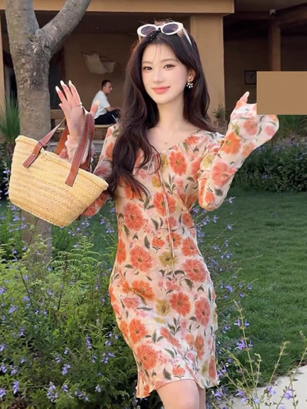 디올 플라워 프린트 U넥 원피스