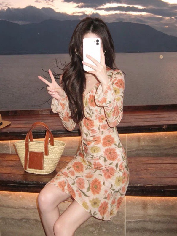 디올 플라워 프린트 U넥 원피스
