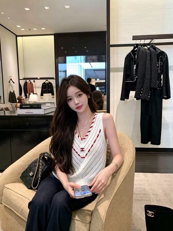 샤넬 V넥 오픈워크 니트 베스트