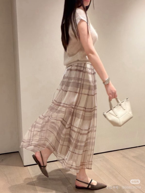 BC 올드머니 격자 쉬폰 롱 스커트
