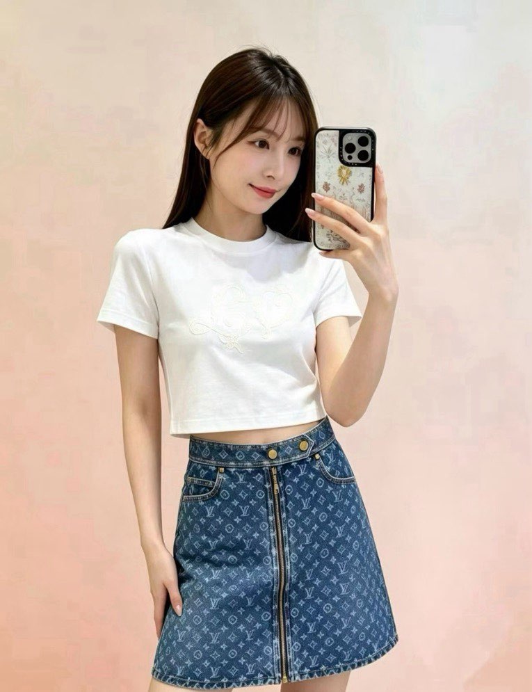 루이비통 자수 크롭 반팔 티셔츠