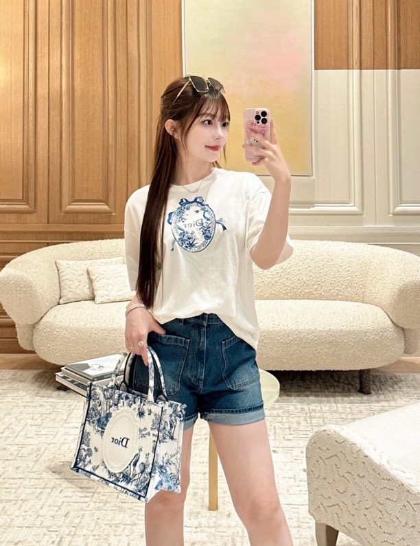디올 블루 플라워 자수 반팔 티셔츠 (여성)