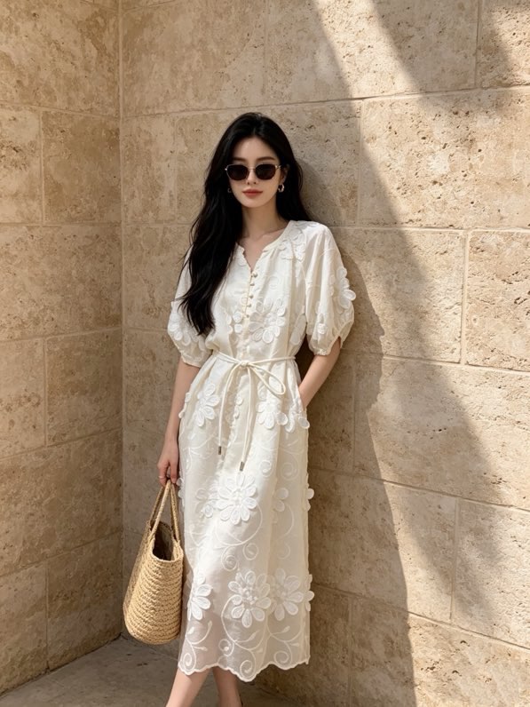 샤넬 플라워 자수 브이넥 롱 원피스